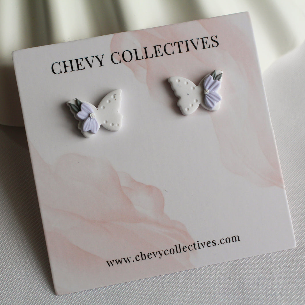 Floral Studs (Butterfly - White, Lilac Floral)